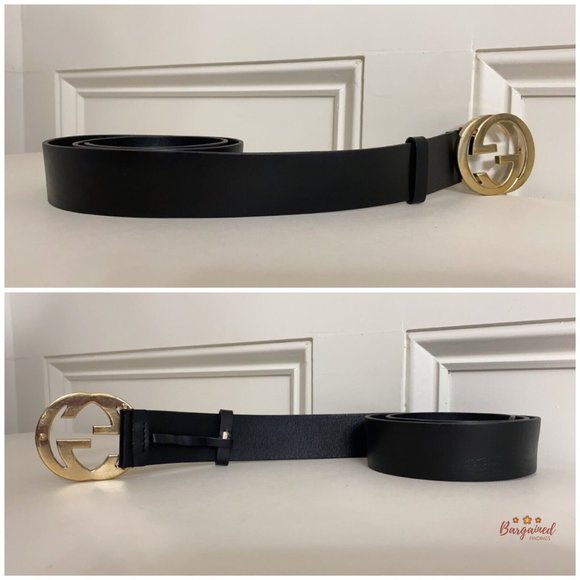 Authentic Gucci Black Calfskin Leather Gold Interlocking G Buckle Belt 90/36 - Picture 10 of 15